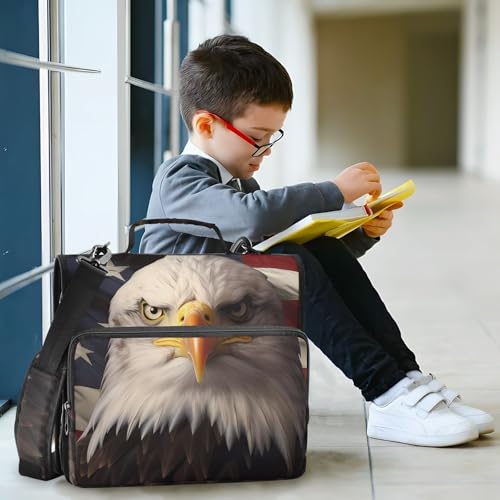 3 Ring Binder Zipper Binders American Flag Serious Eagle Expanding File Folder Bag with Shoulder Strap - color: Multicolored
