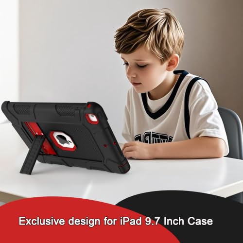 iPad 6th Generation Cases, iPad 5th Generation Case, iPad Air 2 Case, iPad 9.7 Case, Shockproof Rugged Drop Protection Cover Built with Kickstand for iPad 9.7'' A1893/A1954/A1822/A1823 - color: Black+Red