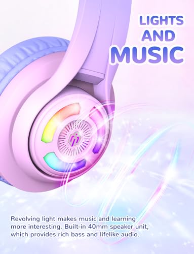 iClever BTH13 여아용 아동용 블루투스 헤드폰, LED 고양이 귀 여행 선물 | SafeSound Tech, 50시간 재생, USB C 충전, AUX 케이블, 스테레오 사운드, 태블릿 PC용 마이크가 있는 아동용 헤드폰 무선 - color: 핑크 그라데이션.