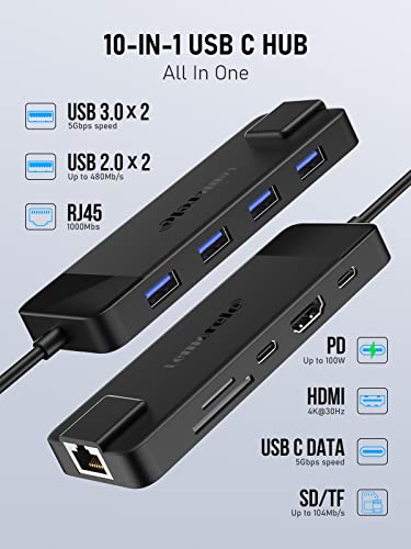 Lemorele USB C 허브 멀티포트 어댑터 10-in-1 USB C 동글, 맥북 프로 에어용, 4K HDMI가 있는 기가비트 이더넷, 100W PD, USB 3.0 5Gbps 포트, SD/TF 카드 리더 어댑터, 윈도우/맥/아이패드와 호환 - size: 10-in-1