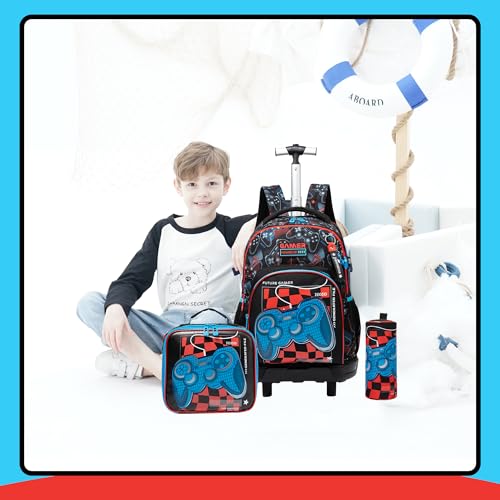 Rolling Backpack Boys Backpack with Wheels for Kids Roller Backpacks for Boys 8-12 School Backpacks for Elementary Bookbag with Lunch Box Back to School Supplies - color: Black Game