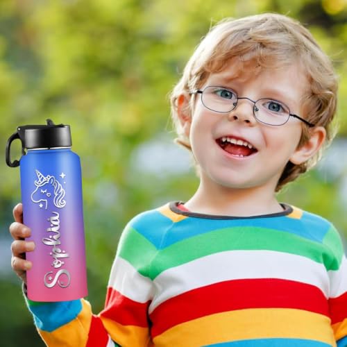 D-Story Personalized Kids Water Bottle with Straw Lid—Custom Name & Icon to Prevent Loss, 18 oz Leak-Proof Stainless Steel Insulated Bottle, Back-to-School Birthday Gift for Boys and Girls - color: Name &Icon