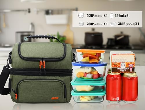 MIER Dual Compartment Lunch Bag Tote with Shoulder Strap for Men and Women Insulated Leakproof Cooler Bag, Army Green - color: Green