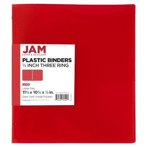 JAM PAPER Plastic 0.5 inch Binder - Red 3 Ring Binder - Sold Individually - color: Red, size: 0.5 inch
