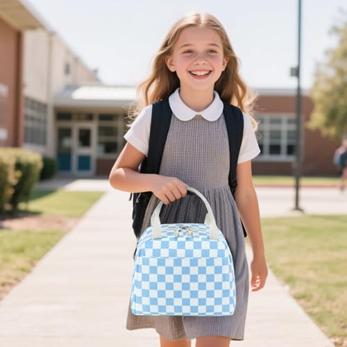 LEDAOU Kids Lunch Bag for Girls, Insulated School Lunch Box, Lightweight | Insulated interior, lightweight design, front pocket, smooth dual zippers, ideal for school and travel - color: Blue White Checkered