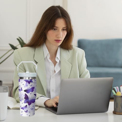 Queen Hero 30oz Butterfly Tumbler with Handle,Large Insulated Tumbler with Flip & Straw Coffee Mug Cup Stainless Steel Gifts for Women Men Youth - color: Purple white