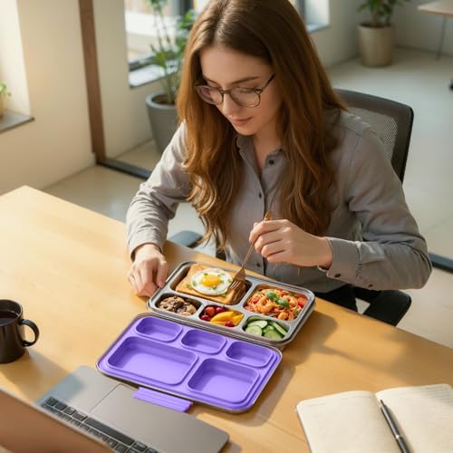 Pawtong Stainless Steel Lunch Box, 5-Compartment Bento Lunch Box for Kids & Adults,Metal Lunch Box with Removable Silicone Container, Lunch Box Containers for School,Office(Purple) - color: Purple