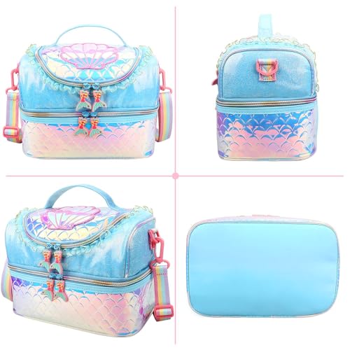 RHCPFOVR Kids Lunch Bag - Double - Decker Cooler Insulated Lunch Box for Boys Girls Women,Washable Lunch Bag with Strap and Reusable Toddler Lunchbox for School and Daycare - color: Blue Mermaid