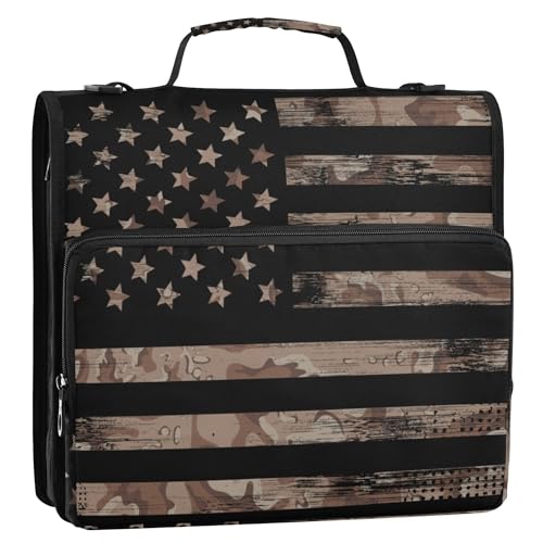 Fisyme American Flag Camouflage Zipper Binder 3 Ring with Zipper and Shoulder Strap Large Capacity Multi-Pocket Binder Organizer - color: Multi-brown Camo