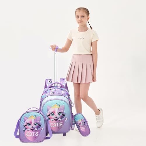 Meetbelify Cute Cat Girls Rolling Backpack with Wheels Kids Luggage for Elementary Students Trolley Trip Carry On Bag for Girls Ages 6-8 - color: 01 Cat