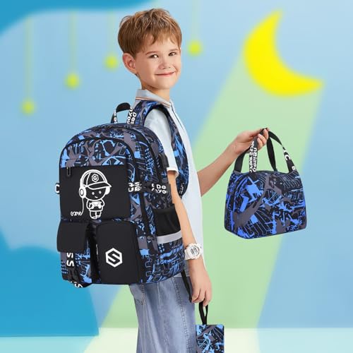 Scothen Boys Backpack, Cool Luminous School Backpacks for Boys with Lunch Bag Pencil Case, Kids Backpack Kindergarten Elementary Middle School Book Bags for Teen Boy Children with USB Charging Port - color: Blue Musicer