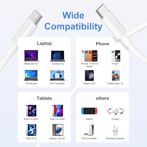 USB C to USB C Cable 100W 6FT 2-Pack, PD Fast Charging Flexible Cord for iPhone 17/16/15, MacBook Pro/Air, Samsung S25 and More - size: 6FT