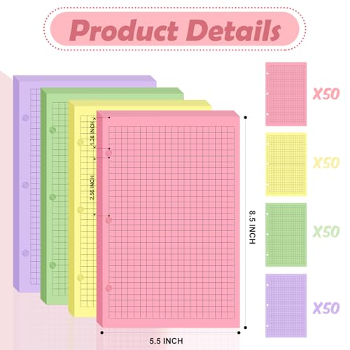 200 sheet Half Letter Graph Paper Refill 3 Hole Punch 5-1/2 x 8-1/2 College Ruled Grid Paper Pad Math Graph Paper Pad Colored Mini Binder Paper Planner Inserts Fits 3 Ring Binders For Office - style: Graph