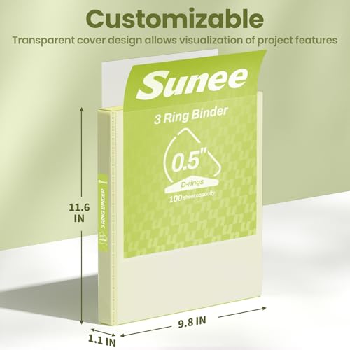 SUNEE 3 Ring Binder, 1/2 Inch D Ring, Clear View PVC-Free (Fit 8.5x11 Inches), Green, 1 Pack - color: Yellow, size: 0.5 Inch, style: 1 Pack