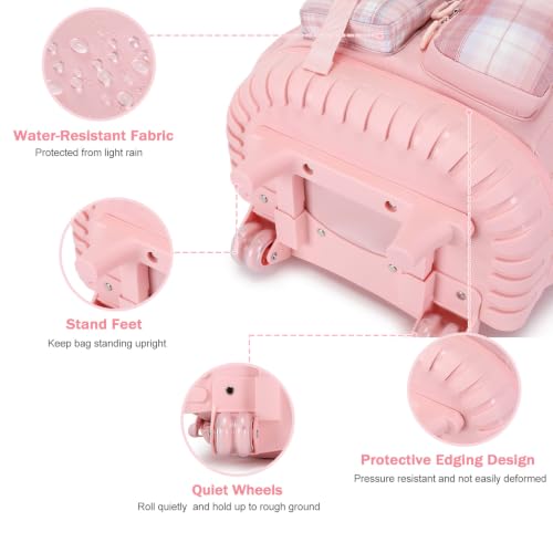 Bevalsa Rolling Backpack for Girls, Roller Backpack with Wheels, Cute Bow Plaid Wheeled School Bookbag Set with Lunch Bag & Pen Case, Suitcases for Kids Teens Elementary Middle Student (Pink) - color: Pink Plaid