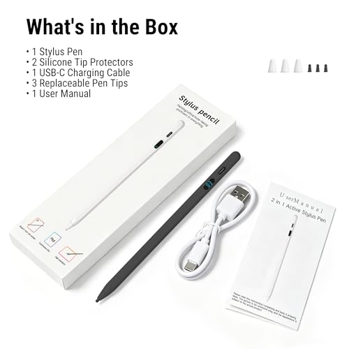 2-in-1 Stylus Pen for Touch Screen with LED Power Display, Universal Stylus Active Pencil for iPad 2018-2026, iPhone, Samsung, Android Tablet, Switch- Tilt Sensitivity Drawing, Fast Charge Digital Pen - color: Black