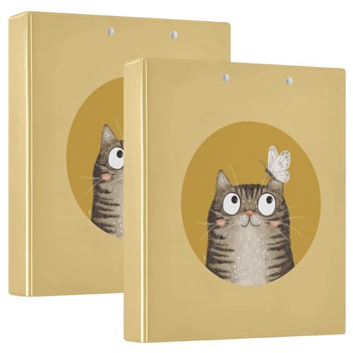 Fustylead Funny Tabby Cat and Butterfly Mustard Yellow 3 Ring Binder, D-Rings 1.5" Hardcover Folder, Fits 200 Sheets of A4 Paper, Durable Clipboard & Clean View with Inside Pockets for School Home Off - size: 12.4x10.63x2.36 Inch-1 Pack