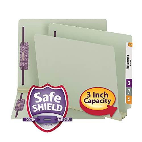 Smead End Tab Pressboard Fastener File Folder with SafeSHIELD Fasteners, 2 Fasteners, 3" Expansion, Letter Size, Gray/Green, 25 per Box (34725) - size: 3" Expansion