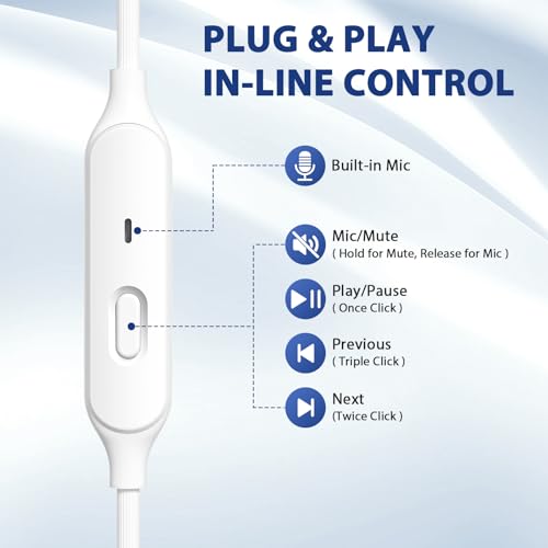 ASKUBSKU USB Headphones Earbuds with Microphone for PC 7.5 Ft Cable, White | USB A Headphones for Computer Office Meeting, Wired Headset with Mute Stereo Call Laptop Earphones for Dell/Surface - color: White