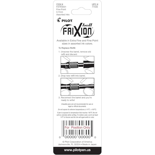 Pilot 77335 Refill for FriXion Erasable Gel Ink Pen, Assorted, 3/Pk