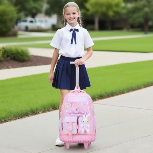 FIXITOK Rolling Backpack for Girls, Kawaii Bunny Roller Wheels School Backpacks with Lunch Bag Pencil case, Wheeled Suitcase Bookbag for Elementary Travel Dreamy-Pink - color: Dreamy-pink