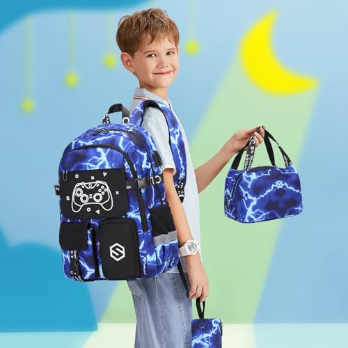 Scothen Boys Backpack, Cool Luminous School Backpacks for Boys with Lunch Bag Pencil Case, Kids Backpack Kindergarten Elementary Middle School Book Bags for Teen Boy Children with USB Charging Port - color: Lightning-blue