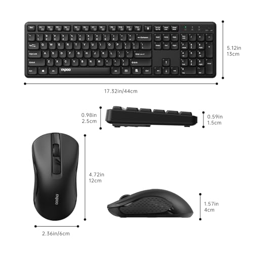 Rapoo X2100 Quiet Wireless Keyboard and Mouse Combo, 2.4GHz USB Receiver, 12 Multimedia Keys, Spill-Proof, Full-Sized, Compatible with PC, Laptop, Black