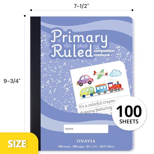 ONAVIA Primary Composition Notebook K-2, Primary Ruled Journal with Picture Space, 9-3/4 x 7-1/2, Bulk Marble Notebooks for School, Kids, Kindergarten Draw and White Story Journals,12 Pack | 100 Sheets, 9.75 x 7.5 in, 12 Pack, Draw and Write Primary Compo