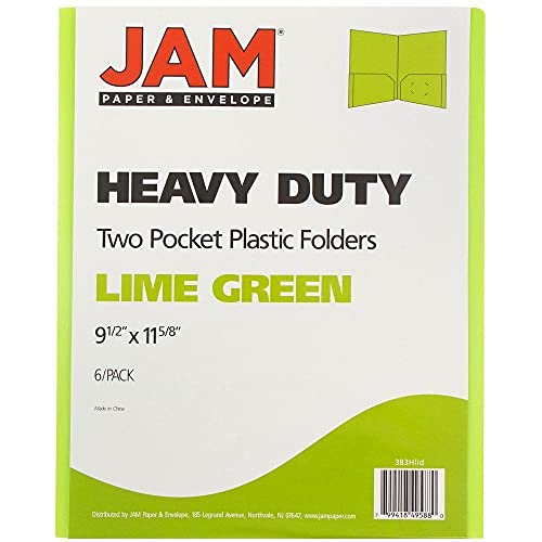 JAM PAPER Heavy Duty Plastic 2 Pocket Extra Tough School Folders - Lime Green - 6/Pack - color: Lime Green, size: 6 Per Pack