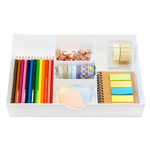 CAXXA 2PK - 3 Slot Drawer Organizer with Two Adjustable Dividers - 5 Compartments Drawer Storage Junk Drawer Organizer for Office Desk Supplies and Accessories, White