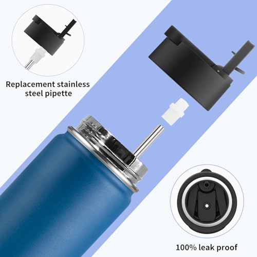 koodee Water Bottle with Straw 16 oz Stainless Steel Double Wall Vacuum Insulated Water Bottle BPA Free, Boys Water Bottle for School (Navy) - color: navy-A, size: 16 Ounces