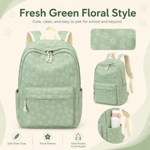 BTOOP School Backpack for Teens Large Cute Bookbag Lightweight 15.6 inch Laptop Bag for Girls Women Casual High School College - color: Green Floral