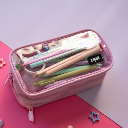 ZIPIT Half & Half Pencil Case for Girls, Aesthetic 3 Compartment Zipper Pouch for School, Stationery Bag for Teen and Adults, Pink - color: Light Pink