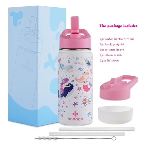 16 oz Stainless Steel Insulated Kids Water Bottle, Leak Proof Metal Thermal Flask with Straw lid, Cute Toddler Tumbler Cup for School Girls & Boys (White, Mermaid) - color: White, Mermaid
