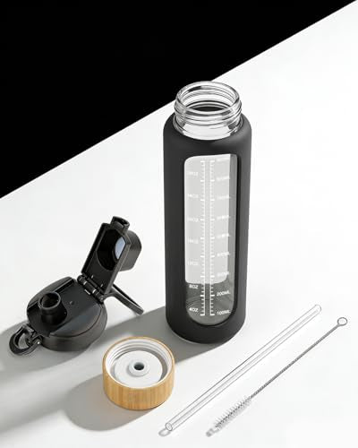 Nefeeko 32 oz Glass Water Bottles with Straw, Time Marker, Motivational 1 Liter BPA FREE Leakproof Reusable Glass Water Bottle with Silicone Sleeve, Bamboo, Spout Lid - color: Black