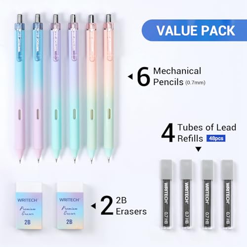 WRITECH Up Mechanical Pencil Set: 0.7mm Gradient With Erasers Drawing 6ct | Aesthetic Barrel Pencils with 4 Tubes of HB Lead Refills and 2 Extra Erasers for Writing Drawing Sketching Drafting