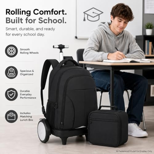 AGSDON Quiet Glide Rolling Backpack with Lunch Box Set - Large Wheel Water-Resistant Wheeled Bag for Business, Travel, and College | Black 3-in-1 Organizer Backpack - color: Reflective Black - Rolling Backpack