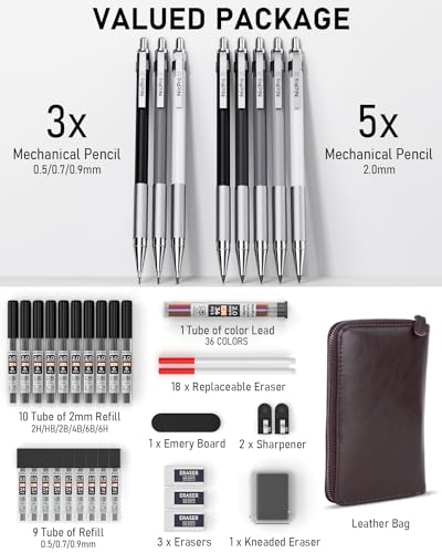 Nicpro 38PCS Art Mechanical Pencils Set in Leather Case, 3 PCS Metal Drafting Pencil 0.5, 0.7, 0.9 mm & 5 PCS 2mm Lead Holder (6B 4B 2B HB 2H 4H Colors) For Sketching Drawing With 20 Tube Lead Refills - size: 38PCS