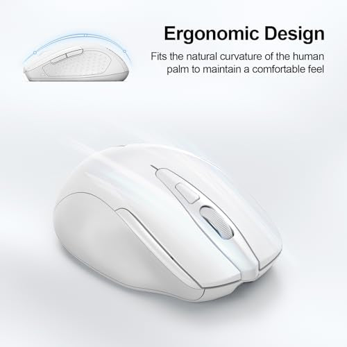 TECKNET Wireless Mouse, BT 5.0/2.4G, Rechargeable 6-DPI Silent, White | Bluetooth 5.0/3.0 & USB A, 2-Device Easy Switch, Wide OS Compatible, 6 Buttons, 6-DPI up to 4800, Ergonomic for S to M Hands - color: White
