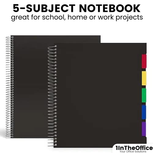 1InTheOffice 5 Subject Notebook with Dividers, Spiral Notebook with Tabs, Poly Cover College Ruled Notebook 8.5" x 11, Black, 150 Sheets