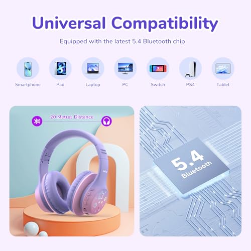 EarFun K4 Kids Bluetooth Headphones, Wireless Headphones with LED Lights | 74/85/94dBA Volume Limited, Built-in Mic, 90H Playtime, Bluetooth 5.4 Over Ear Headphone for iPad/Tablet/School, Violet - color: Gradient Violet