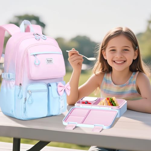 Bevalsa Backpack for Girls, Bow Bookpack with Bento Lunch Box, Insulated Bag & Utensils, 34oz Lunch Containers School Bags Set for Children Teens Kids Elementary Middle school Student (Pink-Blue) - color: Pink-blue