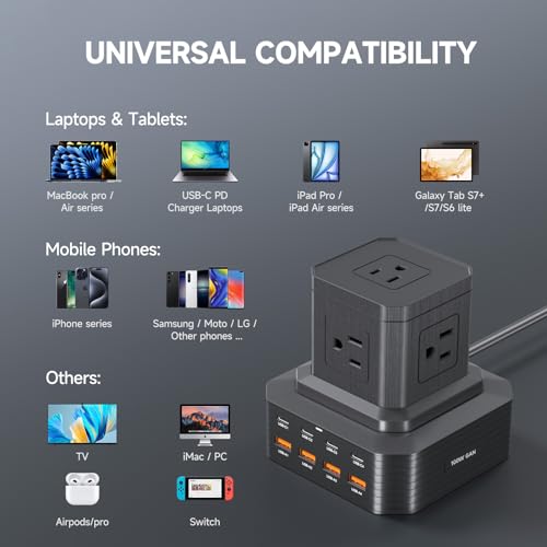 Charging Station (100W), 13-in-1 USB C Power Strip with Surge Protection, 6.6Ft Extension Cord, 4 USB C and 4 USB A Ports, 5 AC Outlets for Home Office Dorm Room - size: Single-Deck