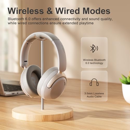 LORELEI Q30 Bluetooth Headphones Over Ear,60H Playtime & 3 EQ Music Modes,BT6.0 Headphones Wireless with Mic,Foldable Lightweight Headsets,HiFi Stereo Deep Bass for Home Travel iPad Tablet-Dunes Grey - color: Dunes Grey