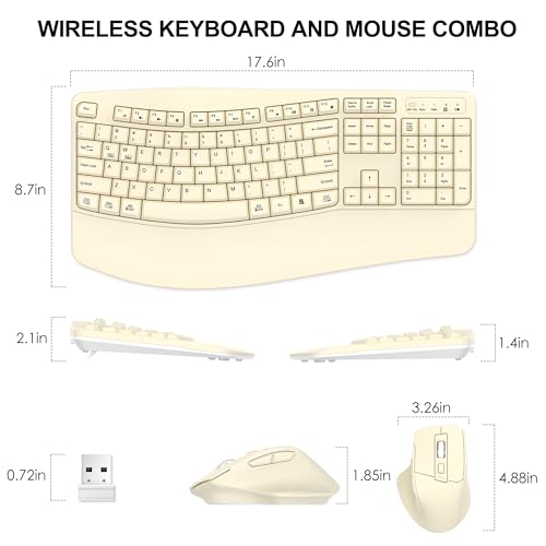 Wireless Keyboard and Mouse Combo, 2.4G Ergonomic Wave Keys (Latte) | Full Size Wave Keyboard with Wrist Rest, 3-Level DPI Adjustable Ergonomic Mouse for Windows and Mac OS Desktop/Laptop/PC - color: Latte