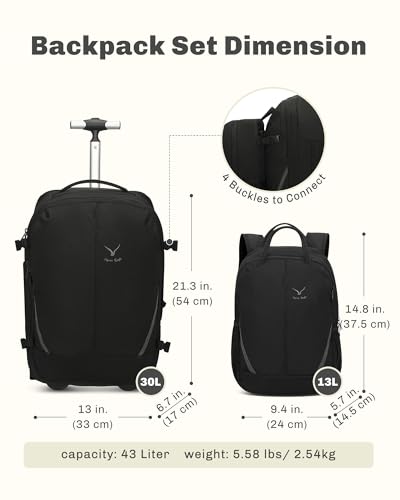 Hynes Eagle 2 in 1 Travel Backpack Set Rolling Backpack with Wheels Carry on Luggage 43L with Personal Item Bag for Men Women 17 inches Laptop Backpack Jet Black - color: Jet Black