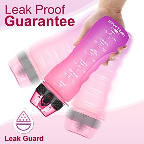 24 OZ Motivational Kids Water Bottle With Time Marker,Straw Lid,Leak Proof, Tritan BPA Free Sports Water Bottle Pink Purple(1 Lid) - color: Pink Purple