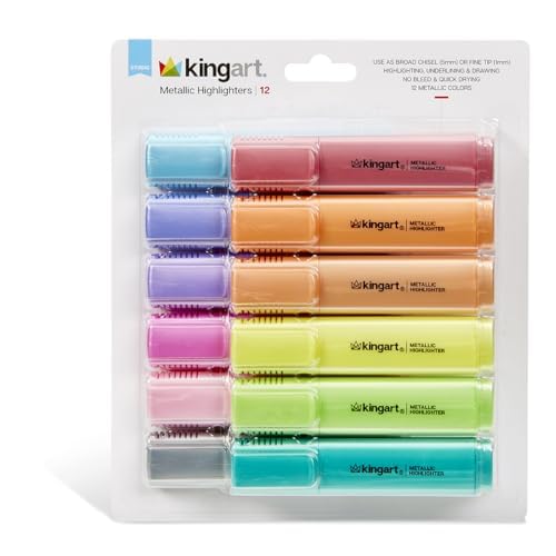 KINGART Highlighters 12 Metallic Colors, Dual-tipped: Chisel and Fine - Modern Marking Pens for Writing, Paper, Water Resistant, Translucent Ink, Sketchbook Friendly