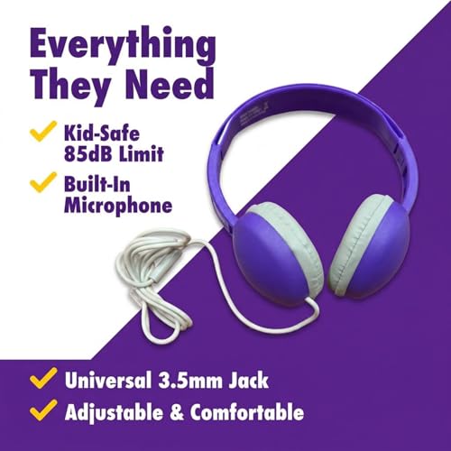 Coby Wired Kids’ Headphones, Over-Ear Headphones with 3.5-Millimeter Jack and Soft Cushions for School, Learning, and Travel, 85 dB Volume Limit, Built-in Microphone, Adjustable Headband, Pink - color: Purple