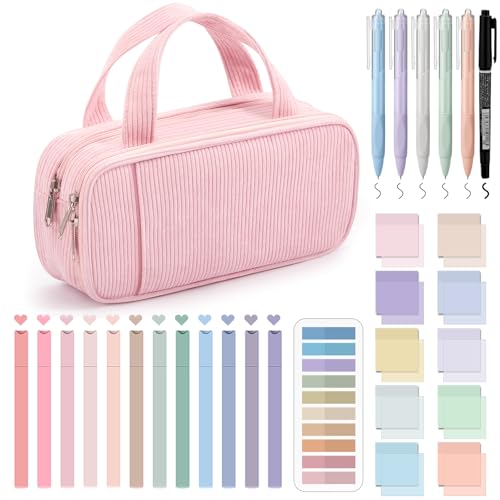 Jutom 39 Pcs Aesthetic Book Annotation Kit Highlighter with Case Bag Gel Pen Transparent Sticky Notes for Office, Journaling, and Note Taking (Pink, Classic Style) - color: Pink, style: Classic Style